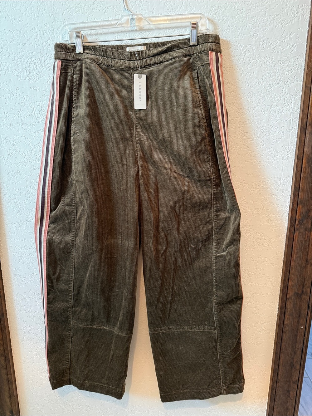 Pilcro Women’s Dark Green Corduroy Barrel Pants with Peach & Burgundy Stripe